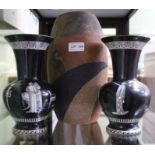 A studio pottery vase and a pair of black and white Grecian design vases