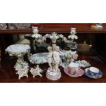 Continental ceramics, flora encrusted includes two tier figurative candelabra, Coalport, oil lamp ba