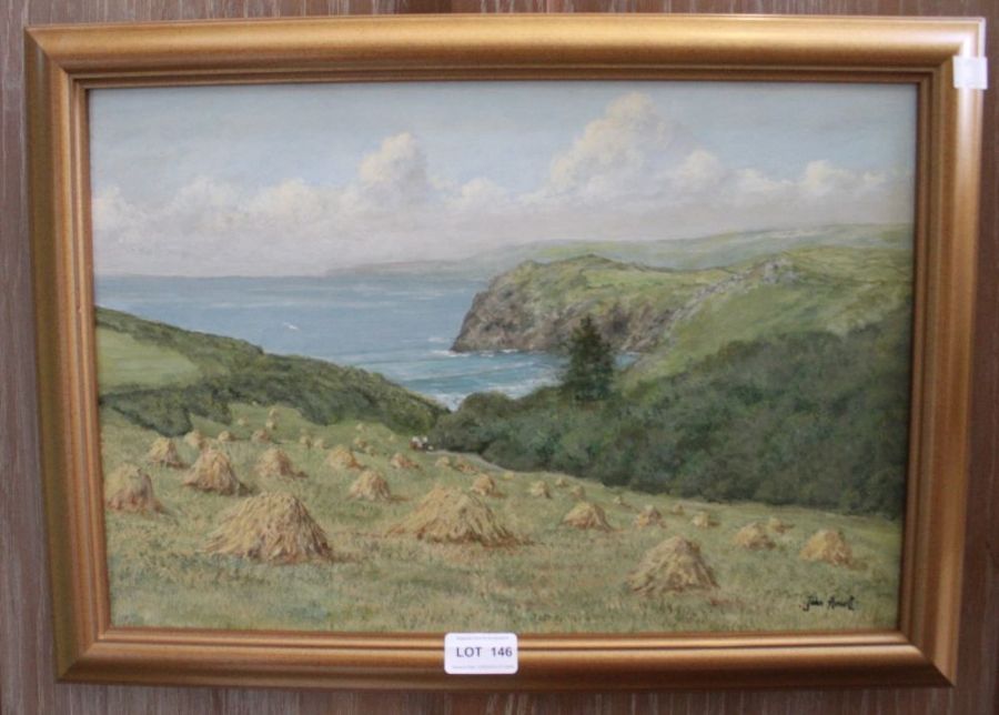 An oil on board study of a cliff top view, hay fields & sea, signed John Hewitt - Image 4 of 5