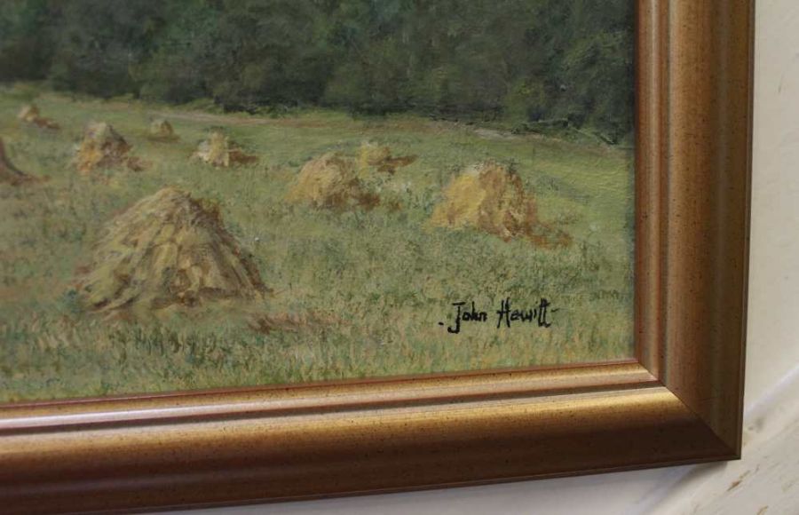 An oil on board study of a cliff top view, hay fields & sea, signed John Hewitt - Image 2 of 5