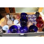 Seven cobalt blue finger bowls, and a selection of glassware