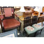 An Edwardian open arm salon chair, together with a pair of single chairs.