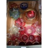 A box containing a selection of glassware includes cranberry glass