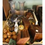 A box of assorted items including dominoes, various boxes, pair of Art Nouveau glass vases, camera,