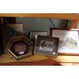 A selection of pictures & prints, and a mounted dried floral display