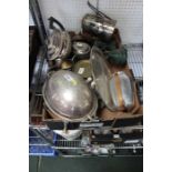 A selection of domestic metalwares to include Victorian design kitchen scales, bacon dish and teawar