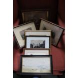 A selection of decorative pictures and prints including a rosewood box frame containing a seaweed