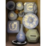 Collection of Wedgwood jasperware, includes sage green moneybox, mostly pale blue