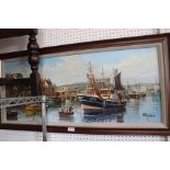 WH Stockman - oil painting trawler in harbour