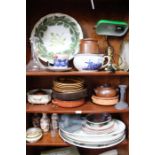 Three shelves of assorted porcelain & glass table wares and other items