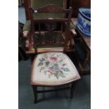 Edwardian inlaid fancy-back bedroom chair with floral woolwork seat pad