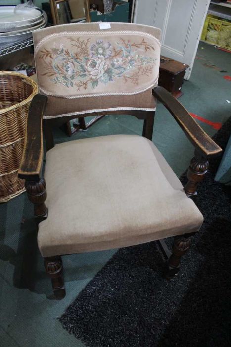 A set of six chairs, oak framed upholstered back and seat pads, five singles one carver