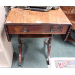 A 19th century drop flap table, fitted drawer on trestle end supports 50 x 52 cm.