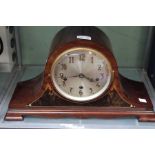 An Edwardian mahogany inlaid mantel hat clock, silvered dial with Arabic numerals