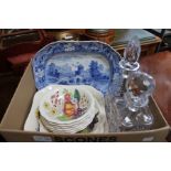 A Spode blue and white transfer decorated game serving dish, two crystal decanters with stoppers and
