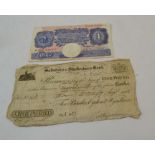 Salisbury & Shaftesbury Bank White Pound Note 1808 with a Bank of England blue pound note