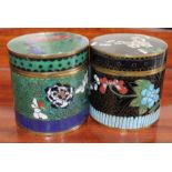 Two Chinese cloisonné cannisters, one green ground the other black ground, tallest 8cm high