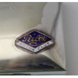 A silver plated cigarette box, applied with Riley Motor Club enamel badge, the lid engraved "2nd Ann