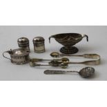 A collection of assorted hallmarked silver includes two pairs of sugar tongs
