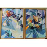 Laurence Dingley - a pair of abstracts, 90cm x 64.5cm, one signed and dated 98, each in slender gilt