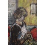 Follower of John Bratby - a 1960's oil on board sewing 66 x 41 cm unsigned in period frame