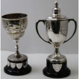 Two silver presentation trophy cups, one a two handled Walker and Hall Sheffield 1938, on socle base