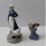 Royal Copenhagen ceramic goose girl (528) 18 cm high, together with one other smaller girl with cym