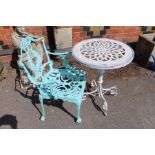 A metal painted bistro garden table and single chair