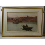 Earnest Parkman - River scene with figure in rowing boat in foreground. Watercolour
