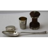 A Scottish silver table spoon, together with a silver "Just a thimbleful", a silver pill box, and a