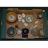 A box of mixed domestic china and glassware's to include model pigs, studio pottery etc