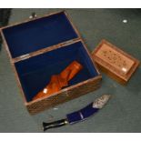 A presentation / Kukri the scabbard metal mounted blue fabric with stand, a brass inlaid box & a lar