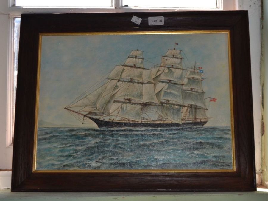 A oil on board of a ship sailing. Signed H Bedford 1975