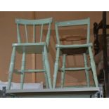 Two green painted kitchen chairs