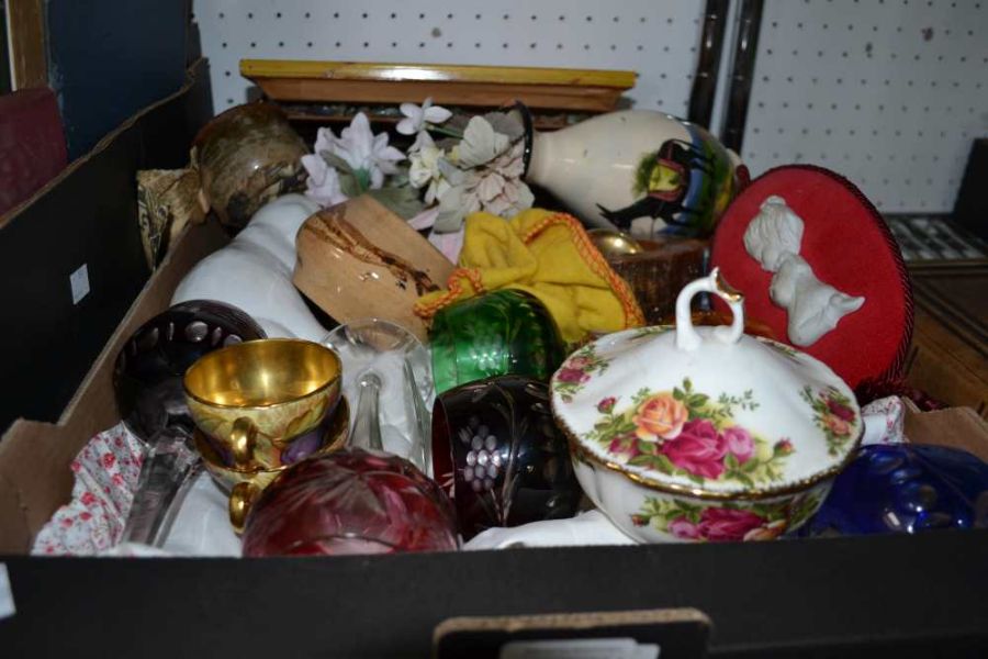 A box containing various porcelain and glass ware including a set of Hock glasses