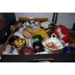 A box containing various porcelain and glass ware including a set of Hock glasses