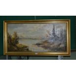 *** Schleuter oil on canvas lakeside village scene signed 46 x 99cm in gilt frame