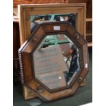 A pine wall mirror together with an octagonal oak and beaded framed mirror