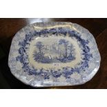 19th century blue and white stoneware meat platter in the vignette pattern 50 cm diam