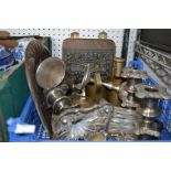 A crate of domestic metal wares including letter holder etc