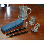 A selection of metal wares to include silver items and a Mount Blanc fountain pen and propelling