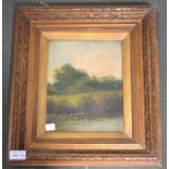 A decoratively framed oil on board river scene