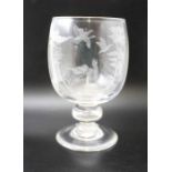 A 20th century large glass goblet with landscape and wild animal etched decoration 20 cm high