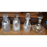 Four various decanters three with hallmarked silver labels