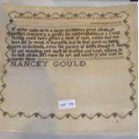 A plain script led needlework sampler unframed early 19th century