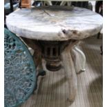 A rustic wooden circular topped garden table formed from a capstan top 58 x 62 cm