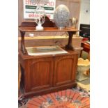 A mahogany two-tier buffet the lower section having two plain panelled doors 110 x 99 cm
