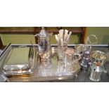 A quantity of silver plate, includes a gallery tray, and mother-of-pearl handled dessert knives & fo