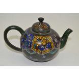 Small oriental cloisonne tea pot with iridescent inclusions 9cm high