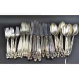 Georg Jensen, A Danish silver part canteen of acorn pattern cutlery, comprising seven table forks, f